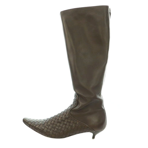 Bottega Veneta Intrecciato Long Boots Pointed Toe Low Heels Leather One Color