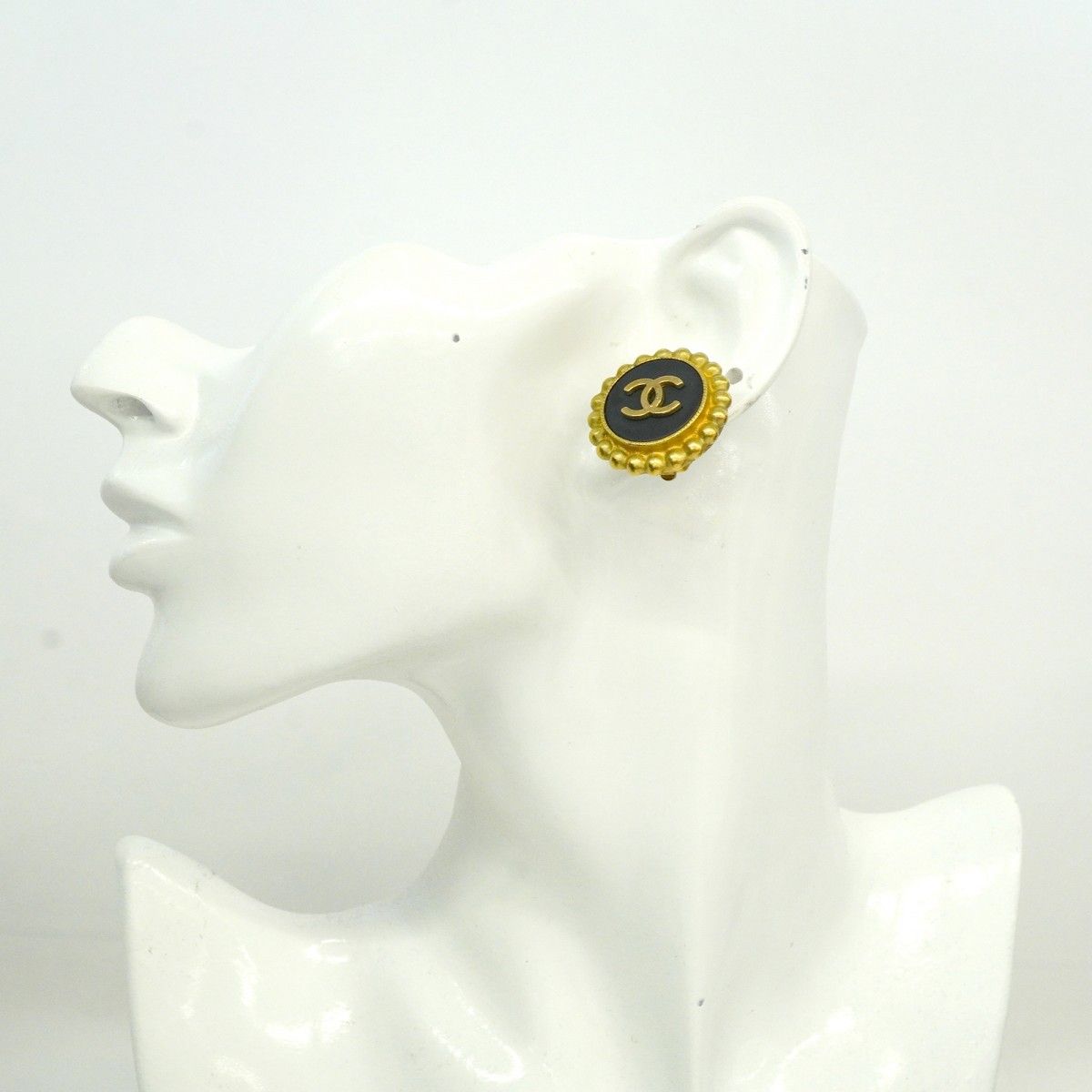 Chanel Earrings Vintage CC Logo Gold Plated Black Cles — view 5