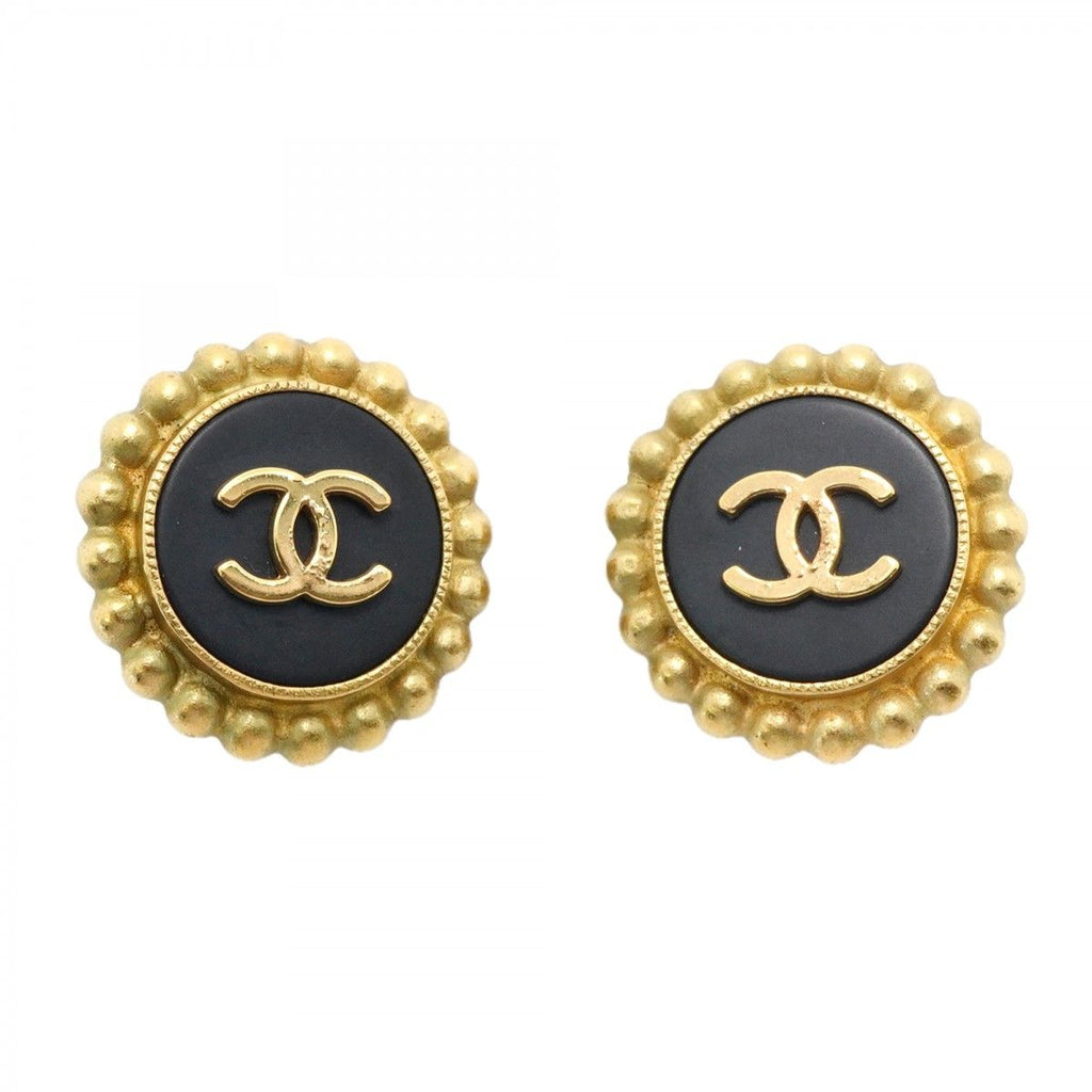 Chanel Earrings Vintage CC Logo Gold Plated Black Cles