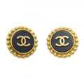 Chanel Earrings Vintage CC Logo Gold Plated Black Cles