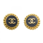 Chanel Earrings Vintage CC Logo Gold Plated Black Cles