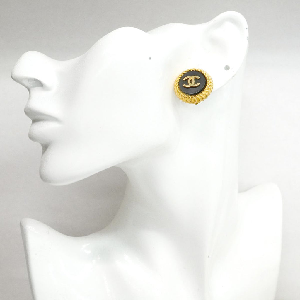 Chanel Earrings Vintage CC Logo Gold Plated Black Cles — view 5