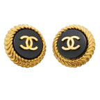 Chanel Earrings Vintage CC Logo Gold Plated Black Cles