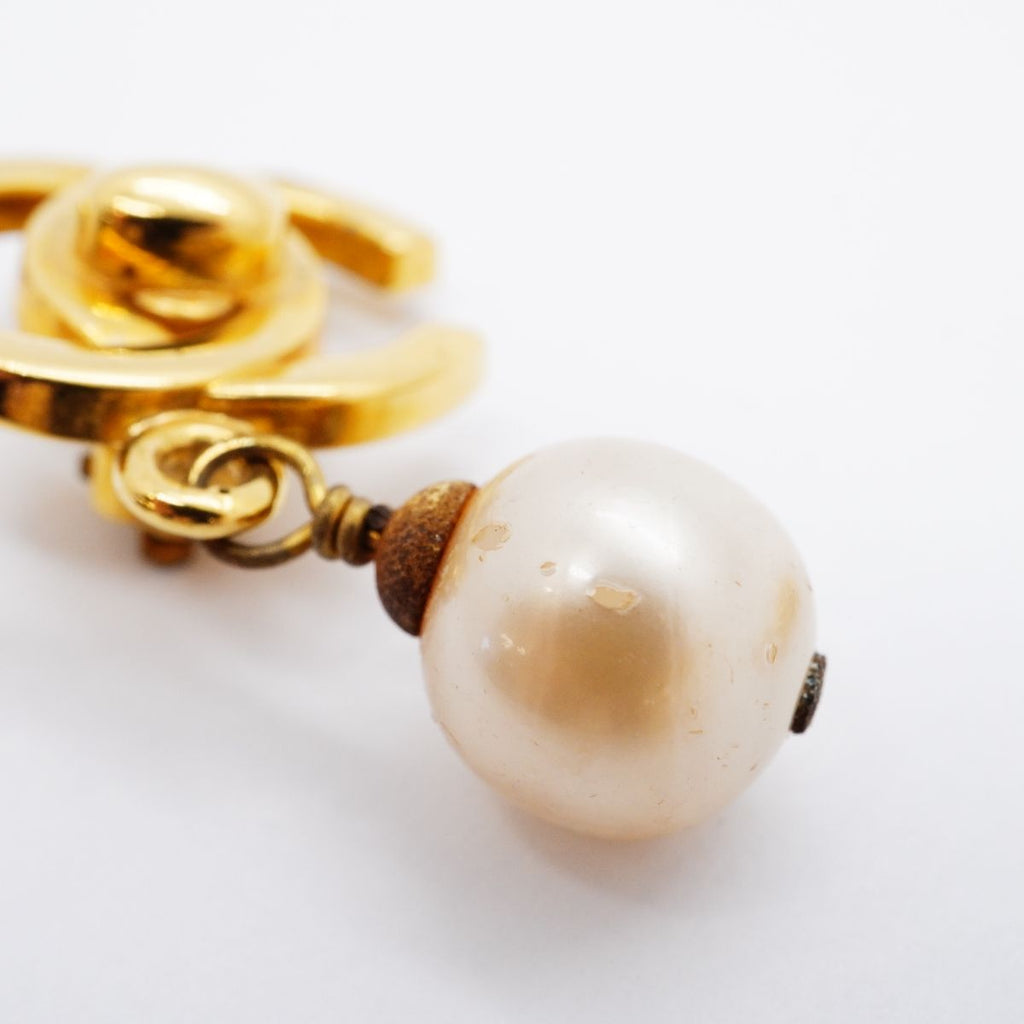 Chanel Earrings Vintage CC Logo Turnlock Gold Plated Faux Pearl — view 9