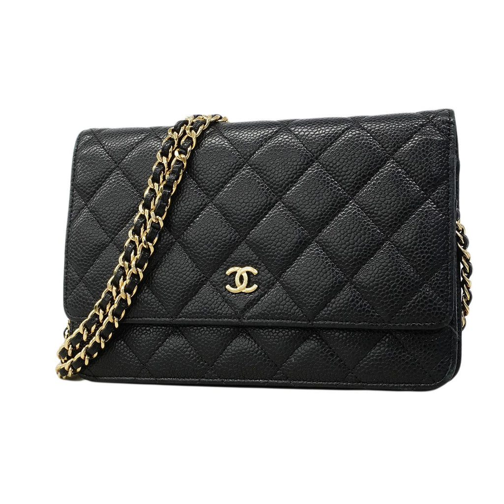 Chanel Shoulder Wallet Quilted Caviar Leather Black Gold