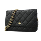 Chanel Shoulder Wallet Quilted Caviar Leather Black Gold