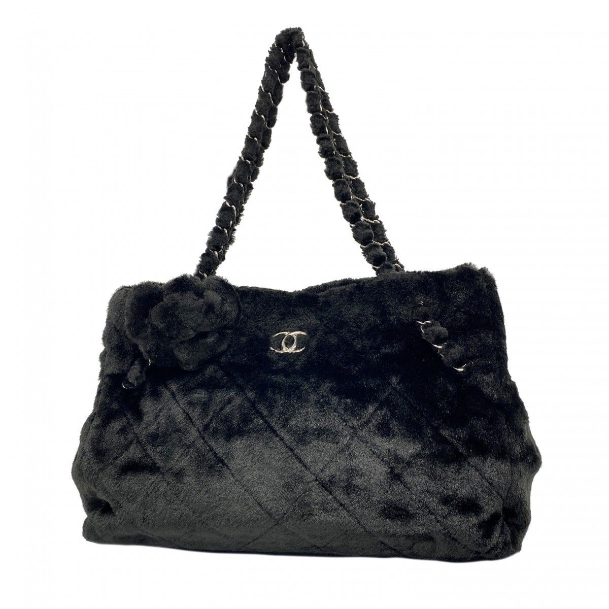 Chanel Chain Tote Quilted Camellia Black Silver