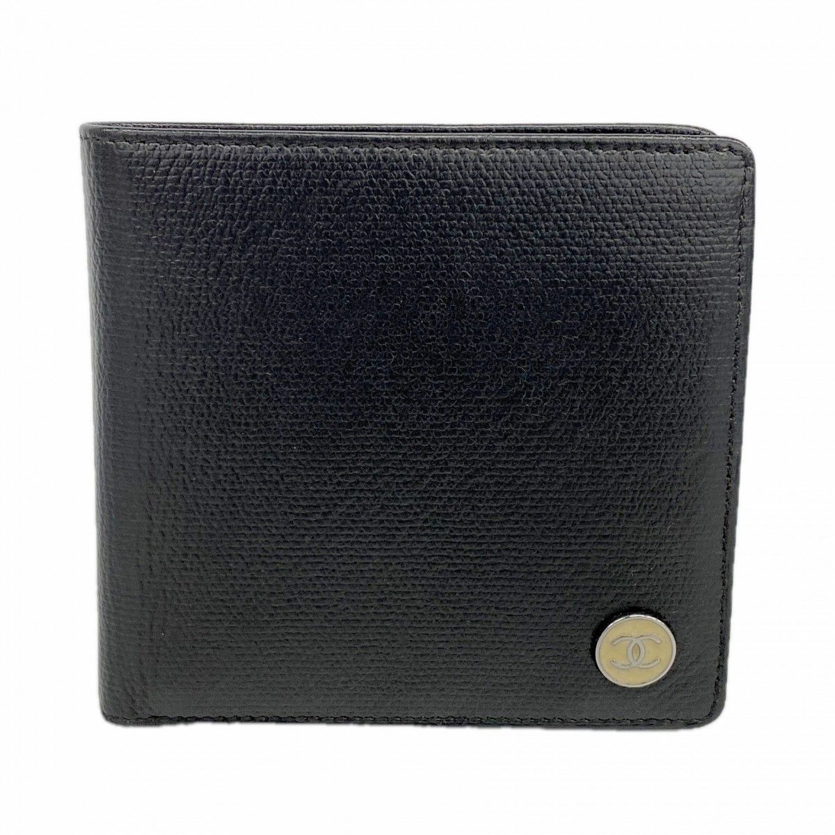 Chanel Wallet Coco Button Leather Black Silver