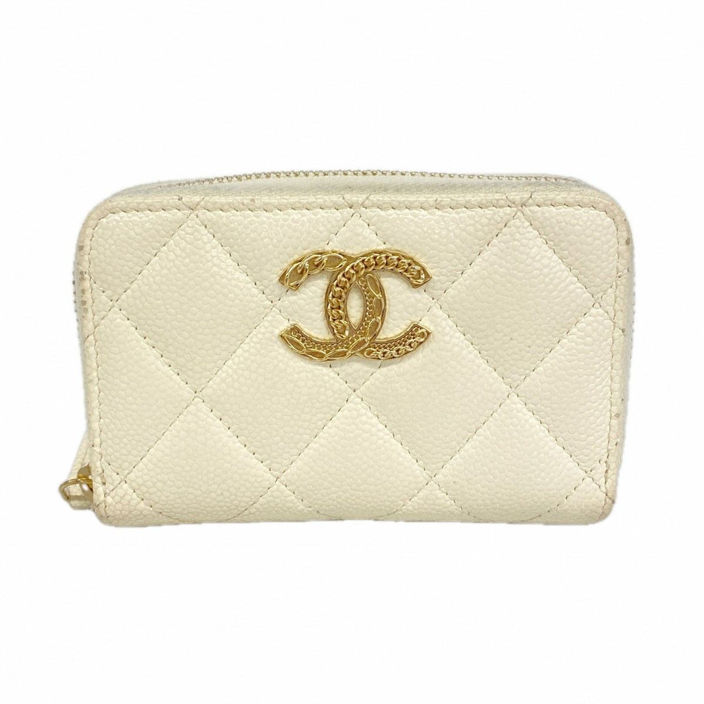 Chanel Coin Case Quilted Caviar Leather White Champagne Gold