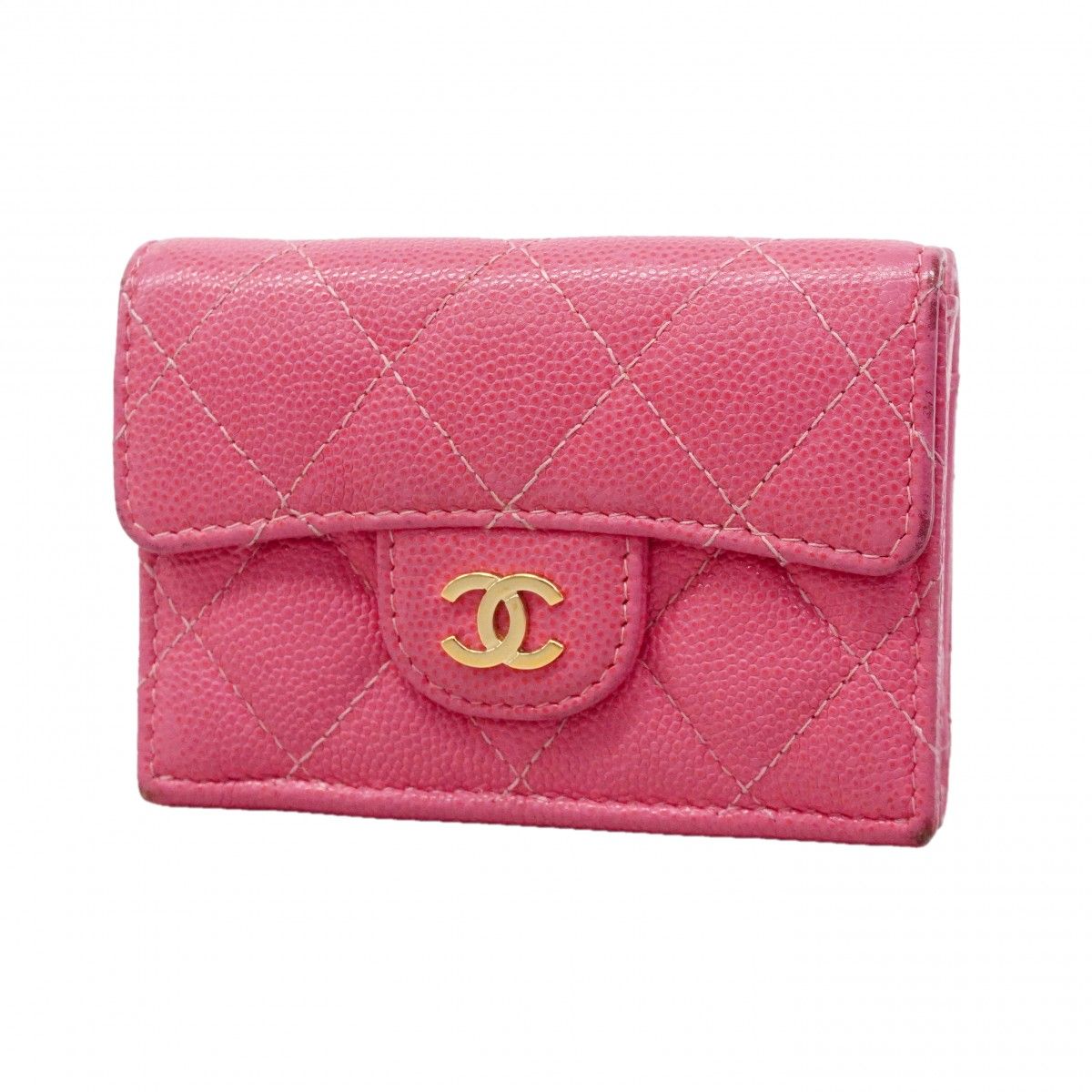 Chanel Trifold Wallet Quilted Caviar Leather Pink Gold
