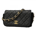 Chanel Shoulder Bag Quilted Lambskin Black Champagne Gold