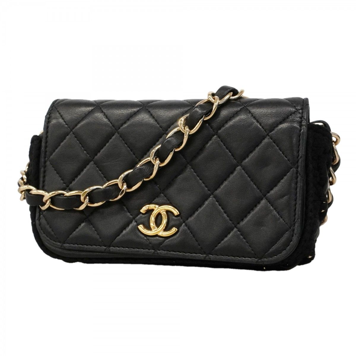 Chanel Shoulder Bag Quilted Lambskin Black Champagne Gold