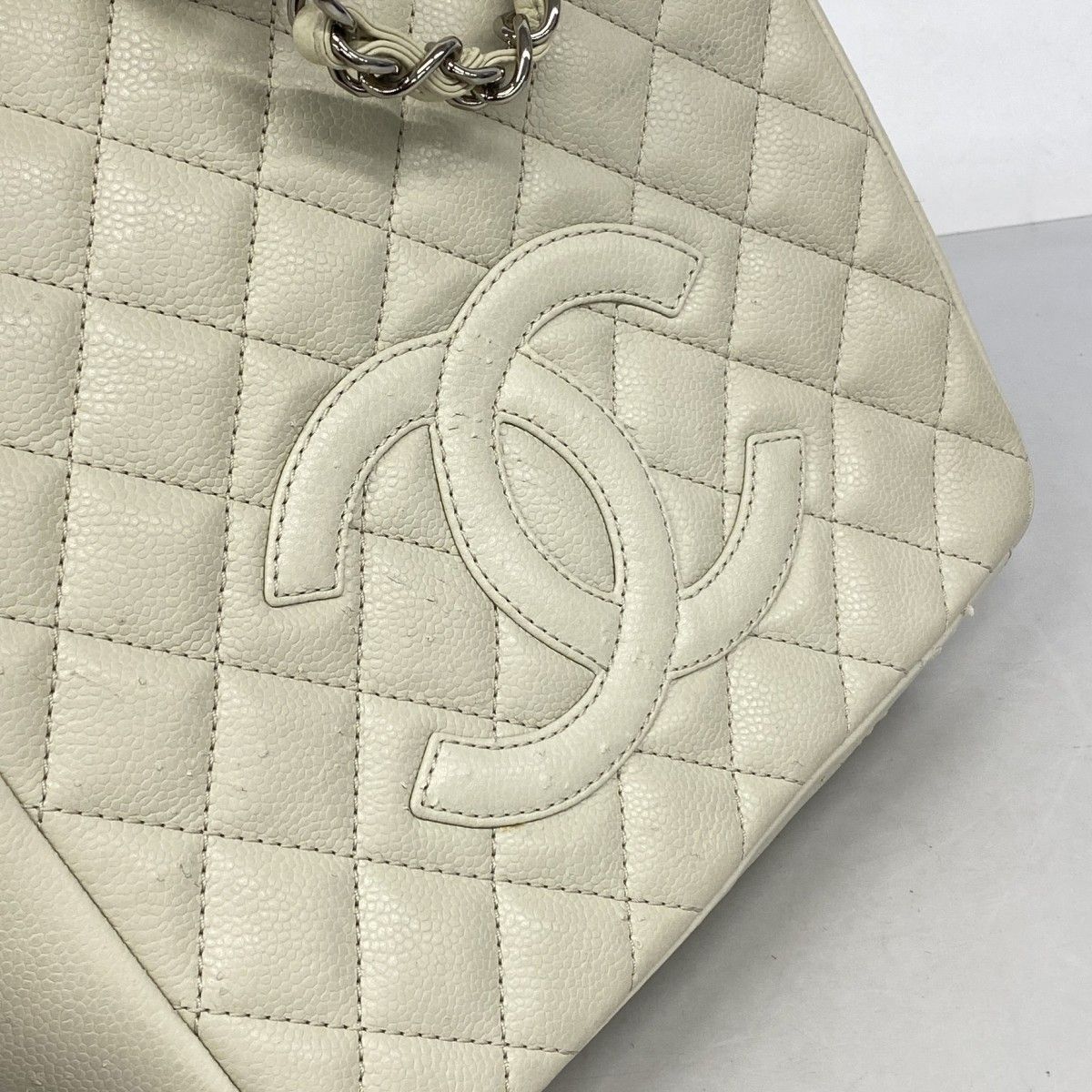 Chanel Chain Tote Quilted Caviar Leather Ivory Silver — view 9