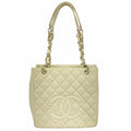 Chanel Chain Tote Quilted Caviar Leather Ivory Silver