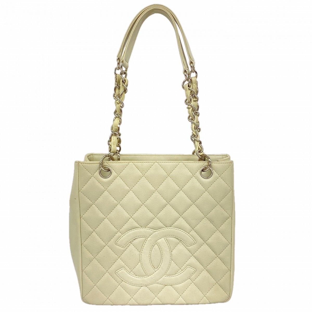 Chanel Chain Tote Quilted Caviar Leather Ivory Silver