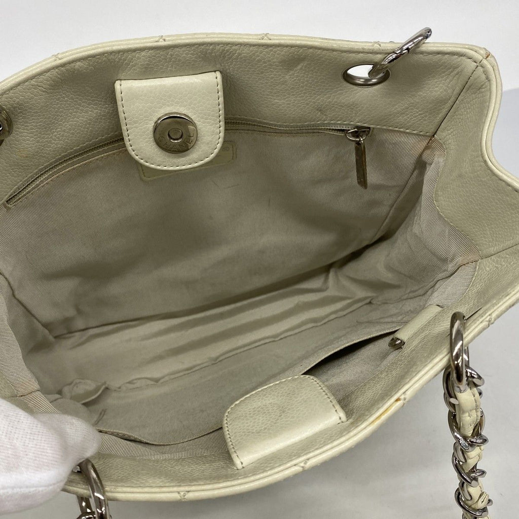 Chanel Chain Tote Quilted Caviar Leather Ivory Silver — view 4