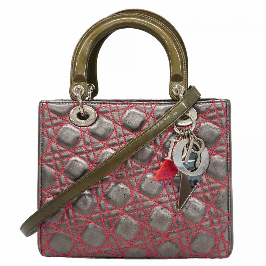 Dior Handbag Cannage Lady Leather Silver Pink 2-Way