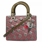 Dior Handbag Cannage Lady Leather Silver Pink 2-Way