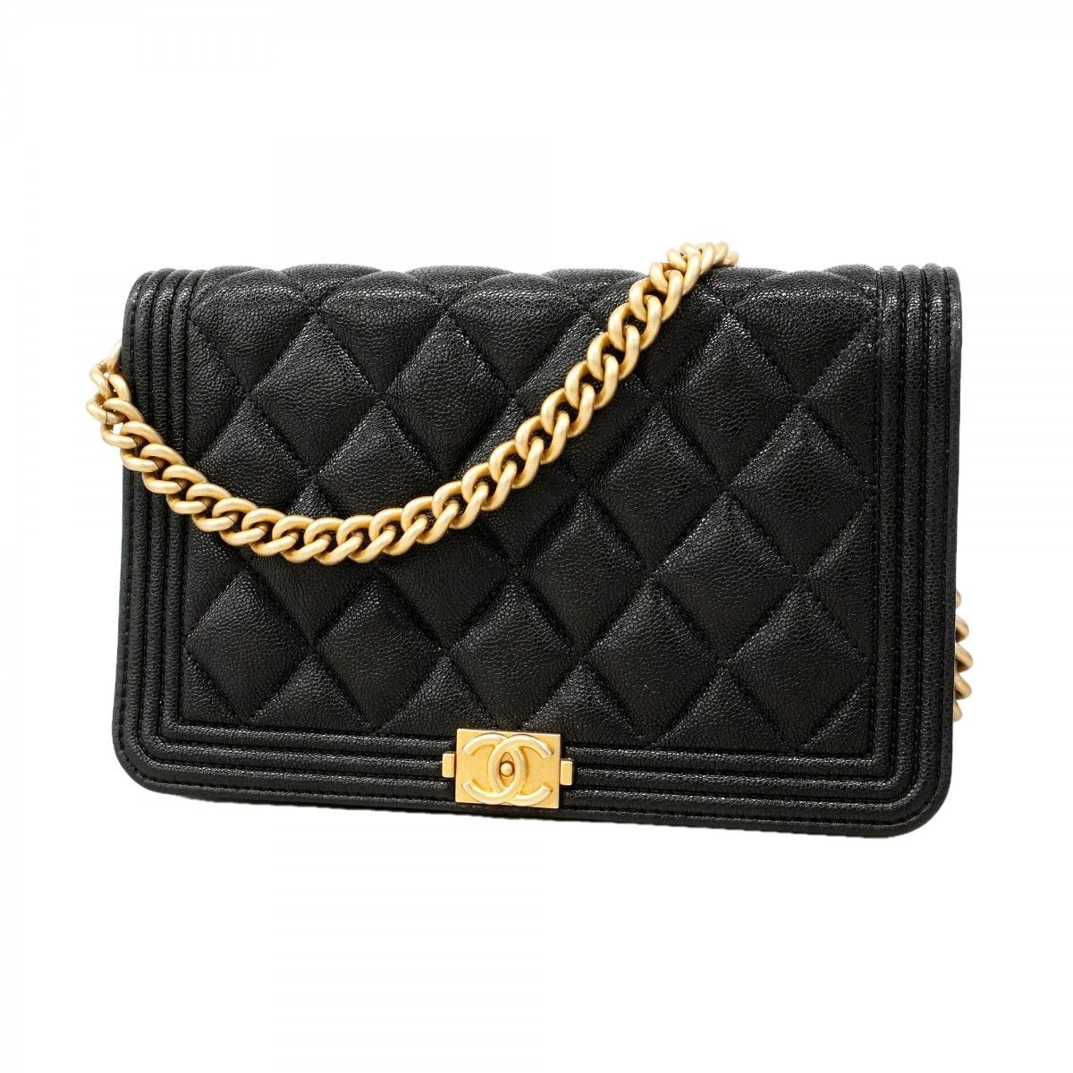 Chanel Shoulder Wallet Boy Caviar Leather Black Gold