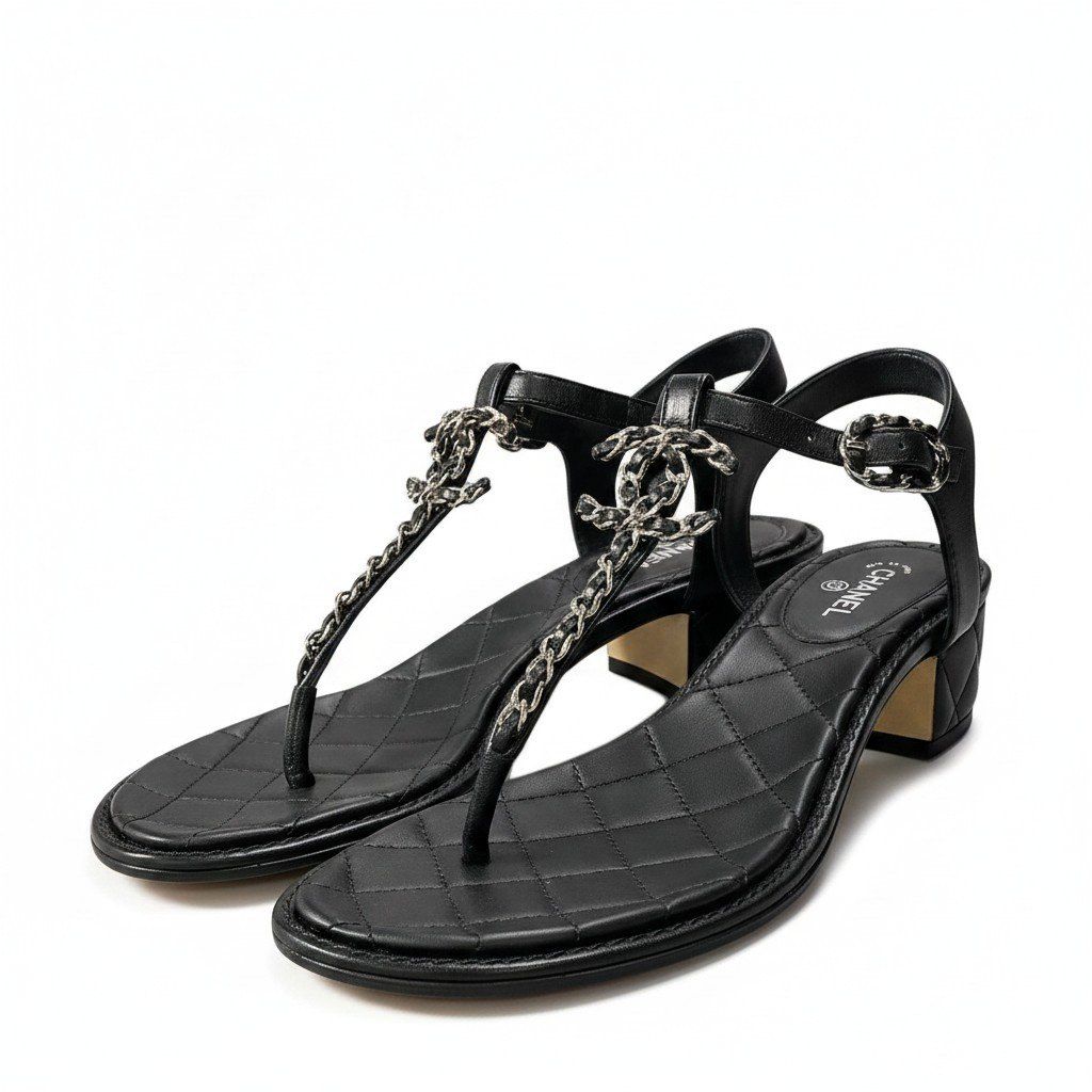 Chanel CC Logo Quilted Chain Leather Sandals 37.5 Sizes Black