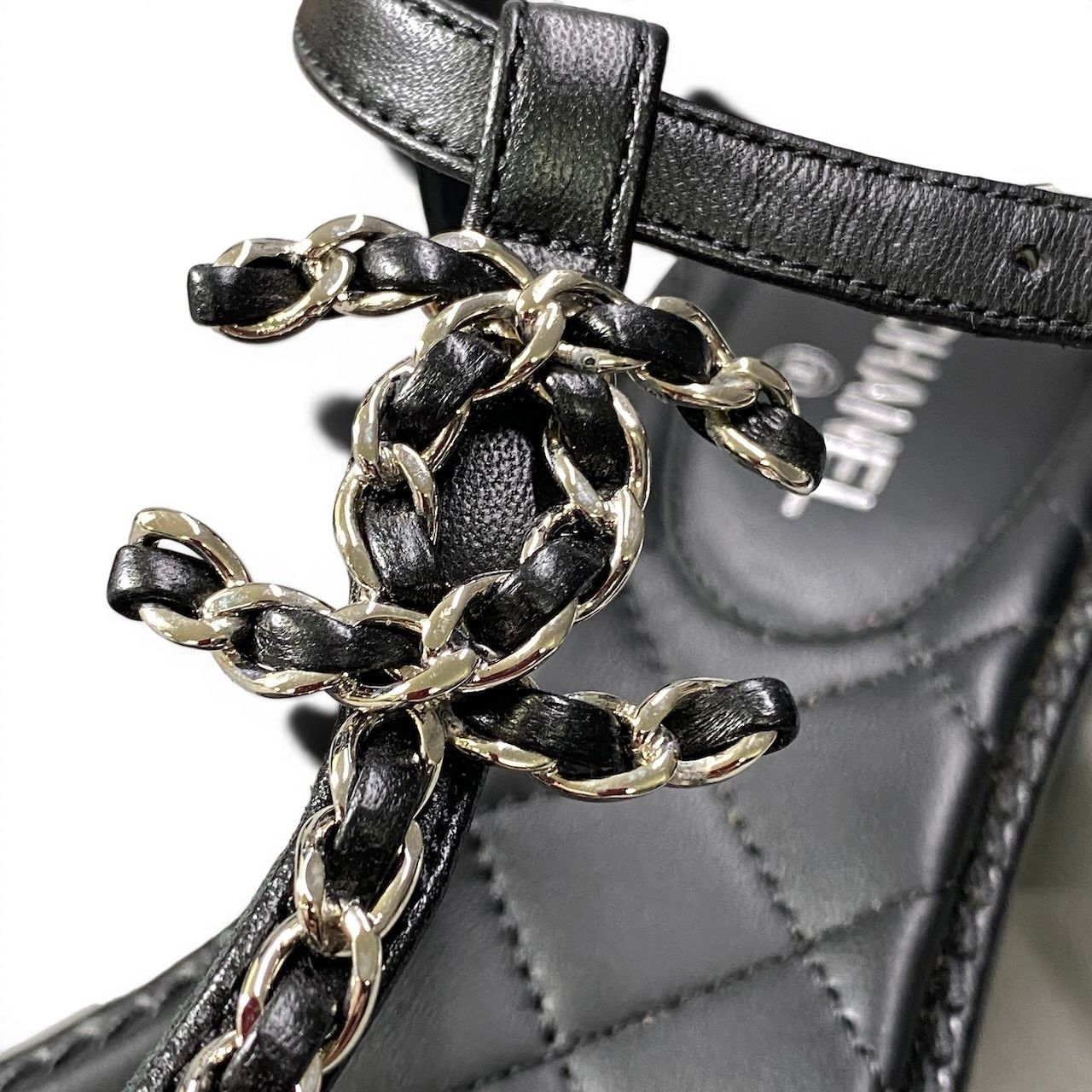 Chanel CC Logo Quilted Chain Leather Sandals 37.5 Sizes Black — view 8