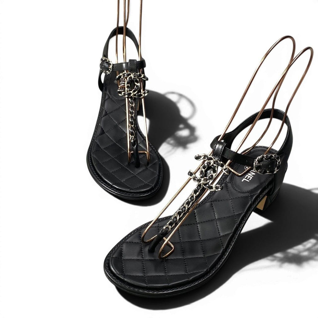 Chanel CC Logo Quilted Chain Leather Sandals 37.5 Sizes Black — view 3
