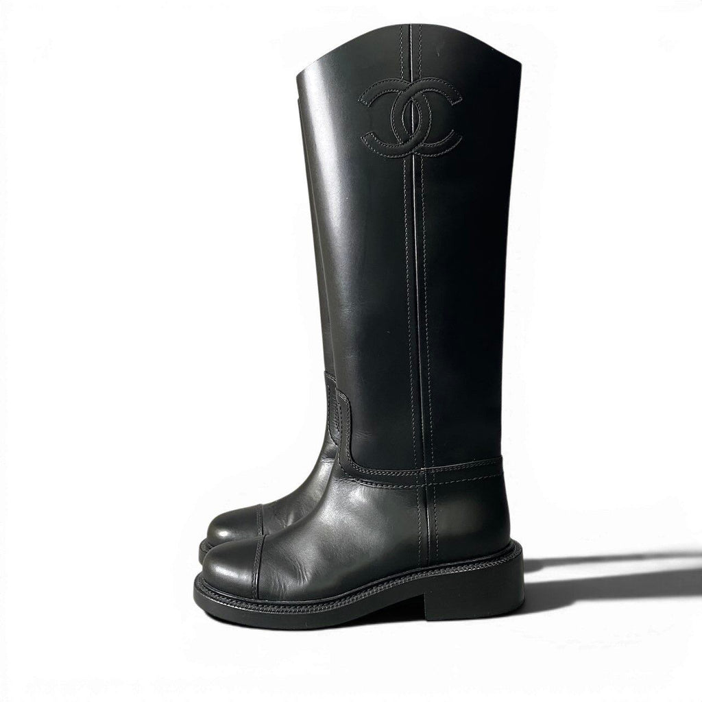 Chanel Leather Boots Long CC Logo Calf Shoes 37.5 Black — view 3