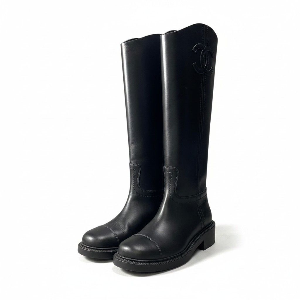 Chanel Leather Boots Long CC Logo Calf Shoes 37.5 Black