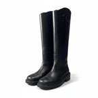 Chanel Leather Boots Long CC Logo Calf Shoes 37.5 Black