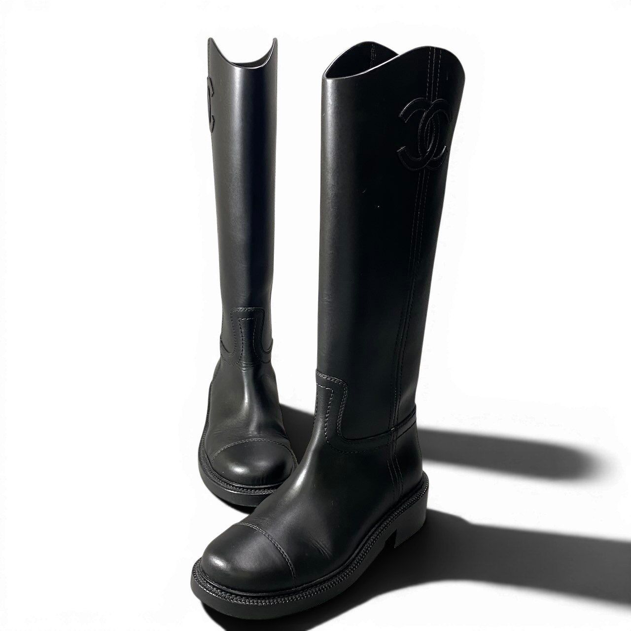 Chanel Leather Boots Long CC Logo Calf Shoes 37.5 Black — view 2
