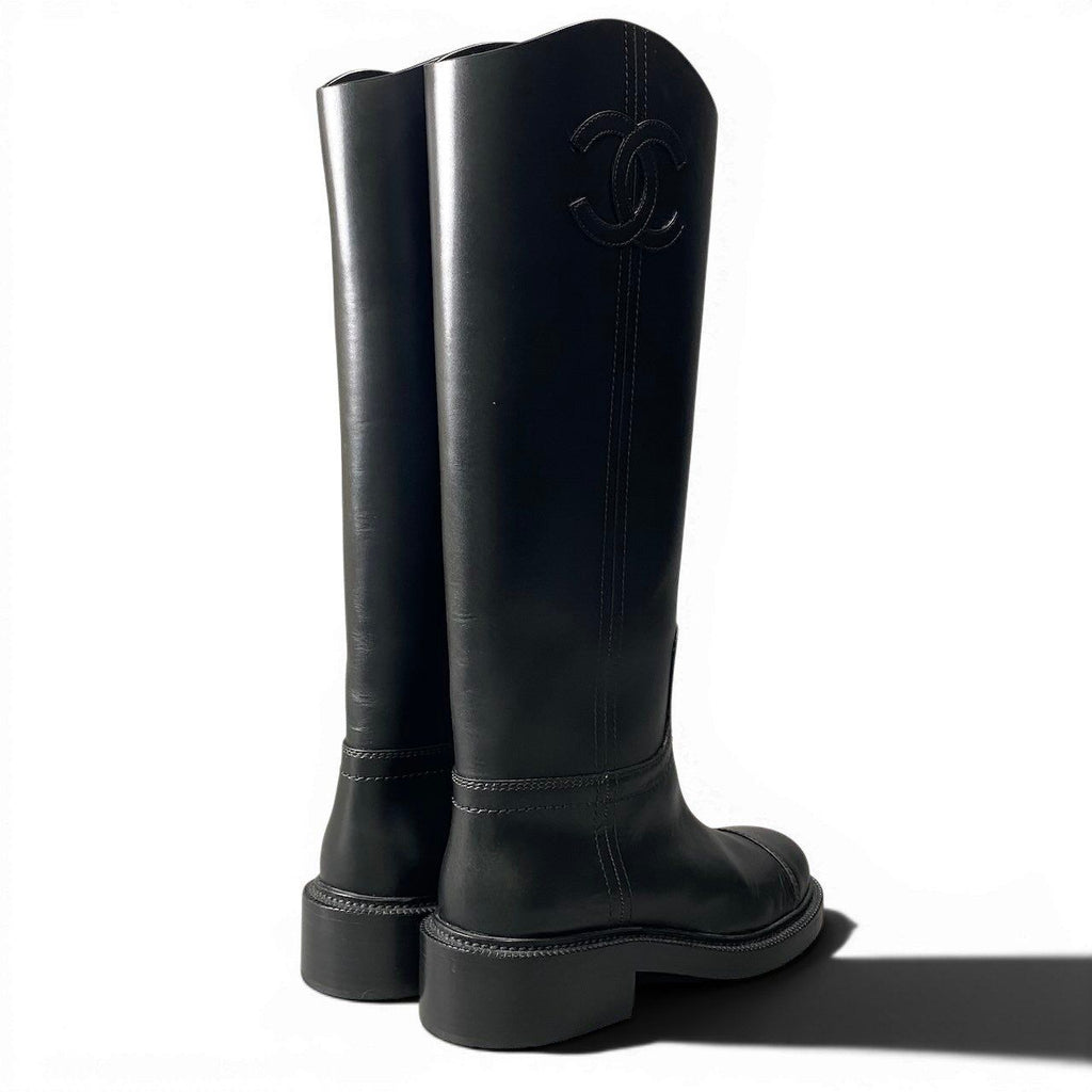 Chanel Leather Boots Long CC Logo Calf Shoes 37.5 Black — view 4