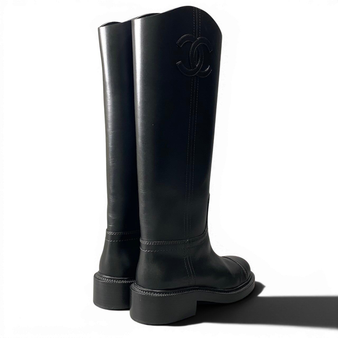 Chanel Leather Boots Long CC Logo Calf Shoes 37.5 Black — view 4