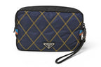 Prada Clutch Nylon Leather Navy Black Pouch with Hand Strap