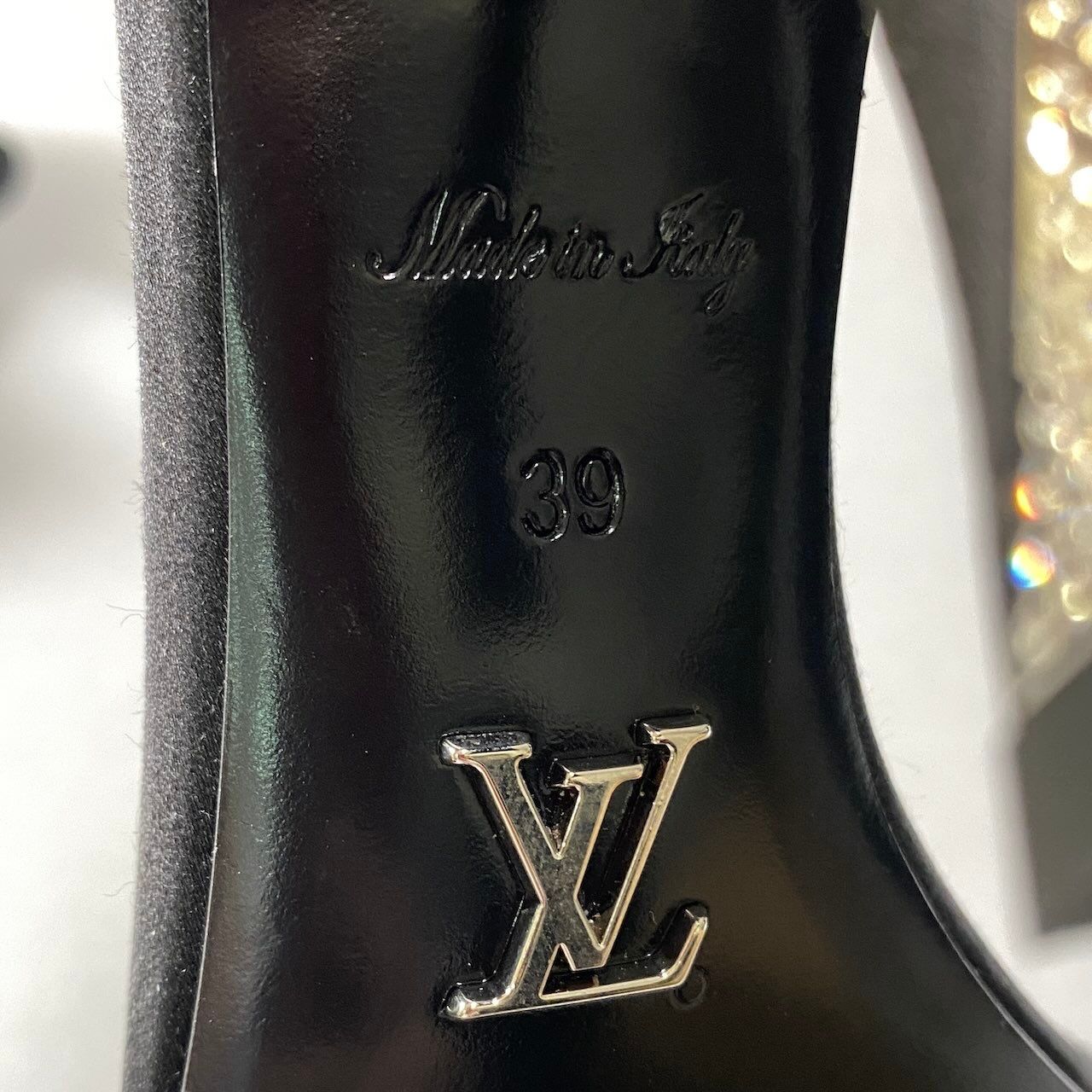 Louis Vuitton Hapi Line Rhinestone Black Satin High Heels Ankle Strap Shoes — view 9