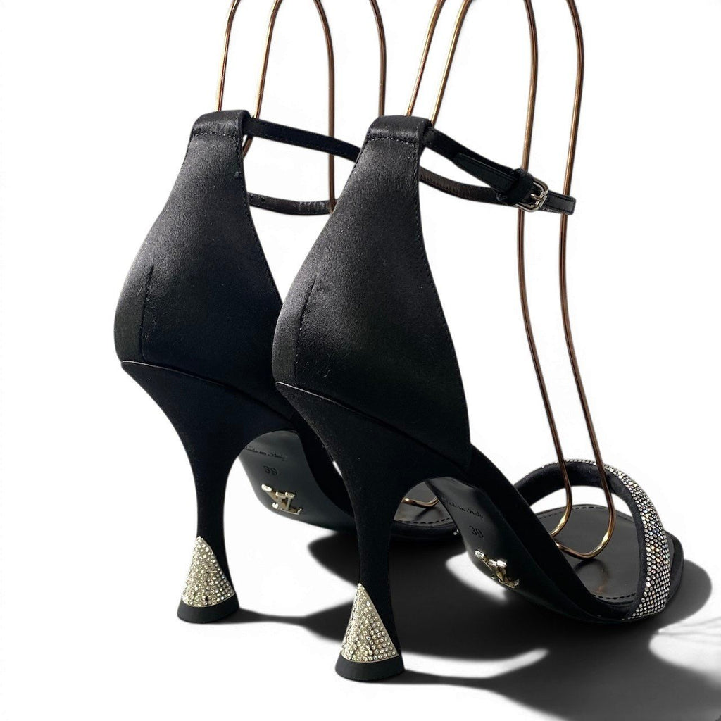 Louis Vuitton Hapi Line Rhinestone Black Satin High Heels Ankle Strap Shoes — view 4