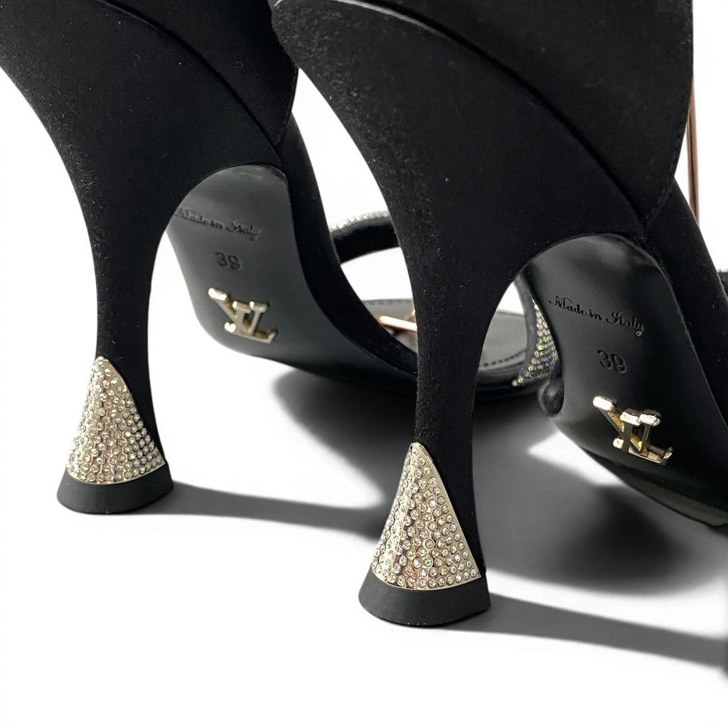 Louis Vuitton Hapi Line Rhinestone Black Satin High Heels Ankle Strap Shoes — view 5