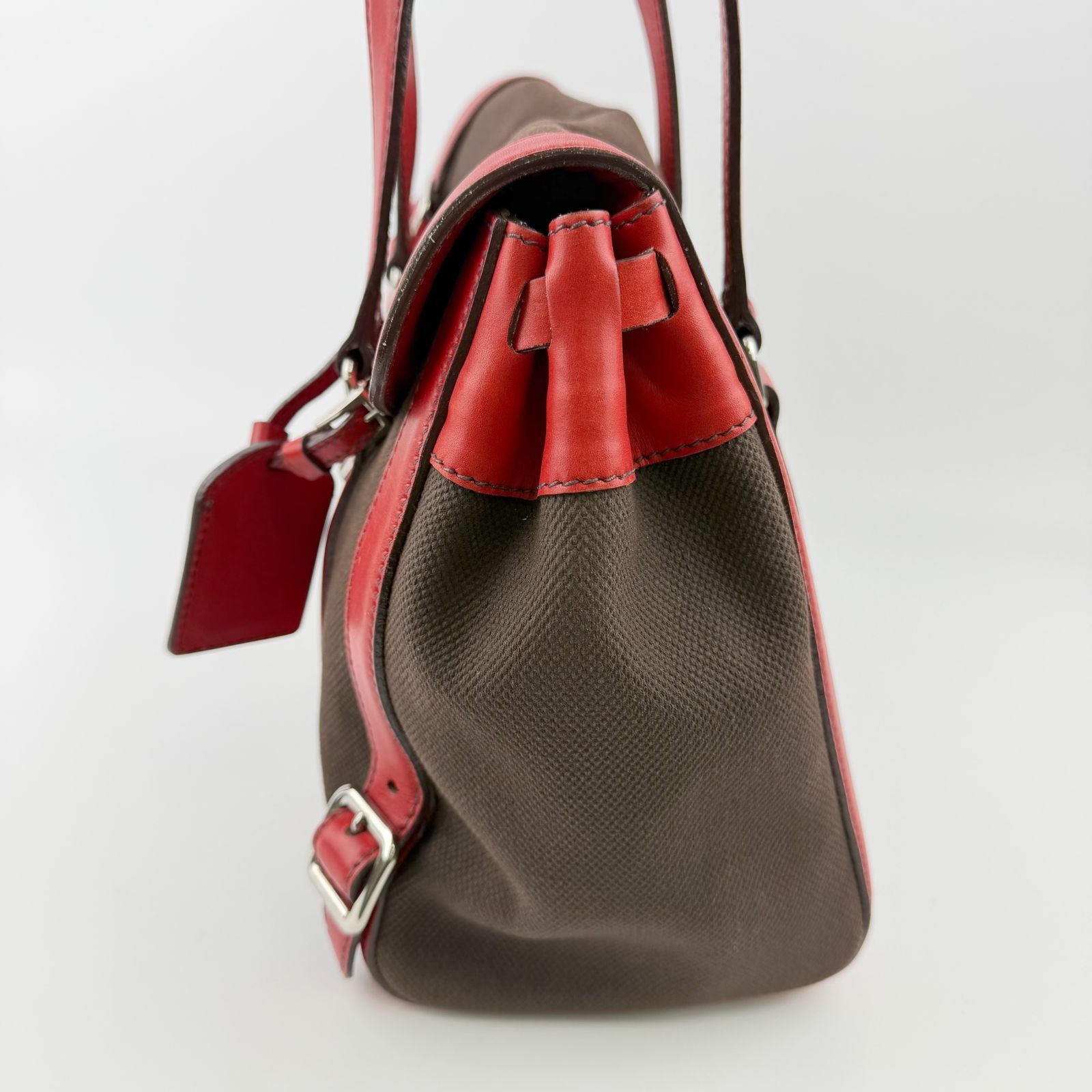 Prada Lock Frame Canvas Leather Boston Bag Brown Red Silver Vintage — view 5