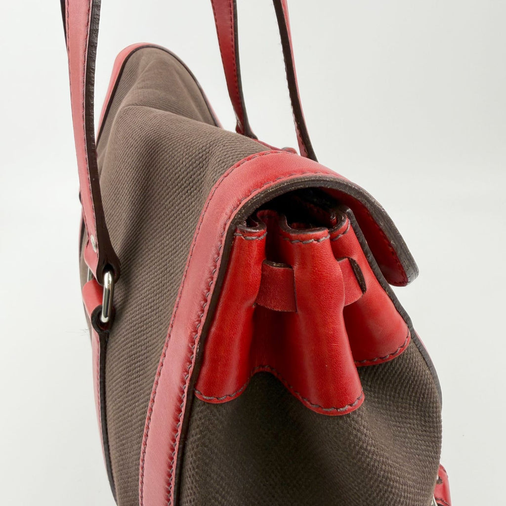 Prada Lock Frame Canvas Leather Boston Bag Brown Red Silver Vintage — view 8