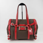 Prada Lock Frame Canvas Leather Boston Bag Brown Red Silver Vintage — view 3