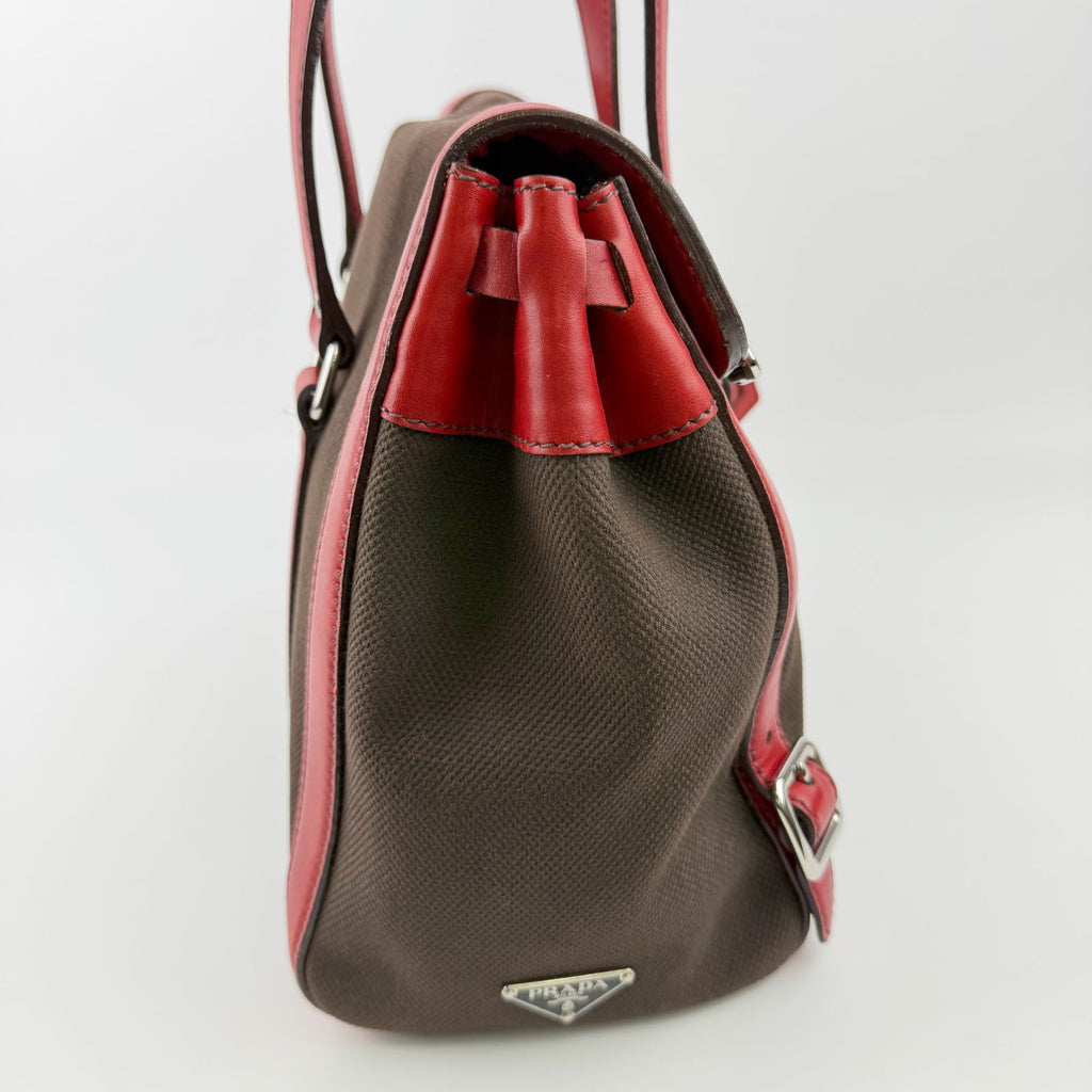 Prada Lock Frame Canvas Leather Boston Bag Brown Red Silver Vintage — view 7
