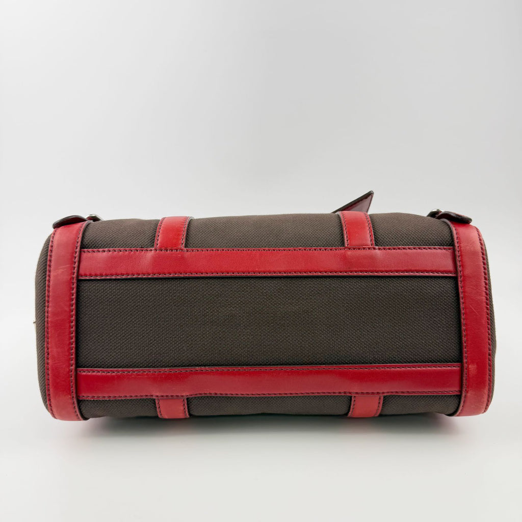 Prada Lock Frame Canvas Leather Boston Bag Brown Red Silver Vintage — view 9
