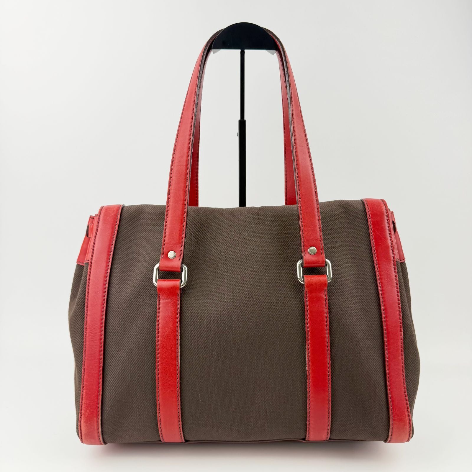 Prada Lock Frame Canvas Leather Boston Bag Brown Red Silver Vintage — view 4