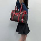 Prada Lock Frame Canvas Leather Boston Bag Brown Red Silver Vintage