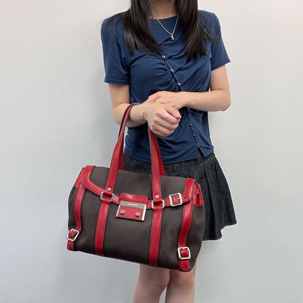 Prada Lock Frame Canvas Leather Boston Bag Brown Red Silver Vintage — view 2