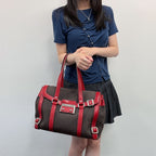 Prada Lock Frame Canvas Leather Boston Bag Brown Red Silver Vintage — view 2