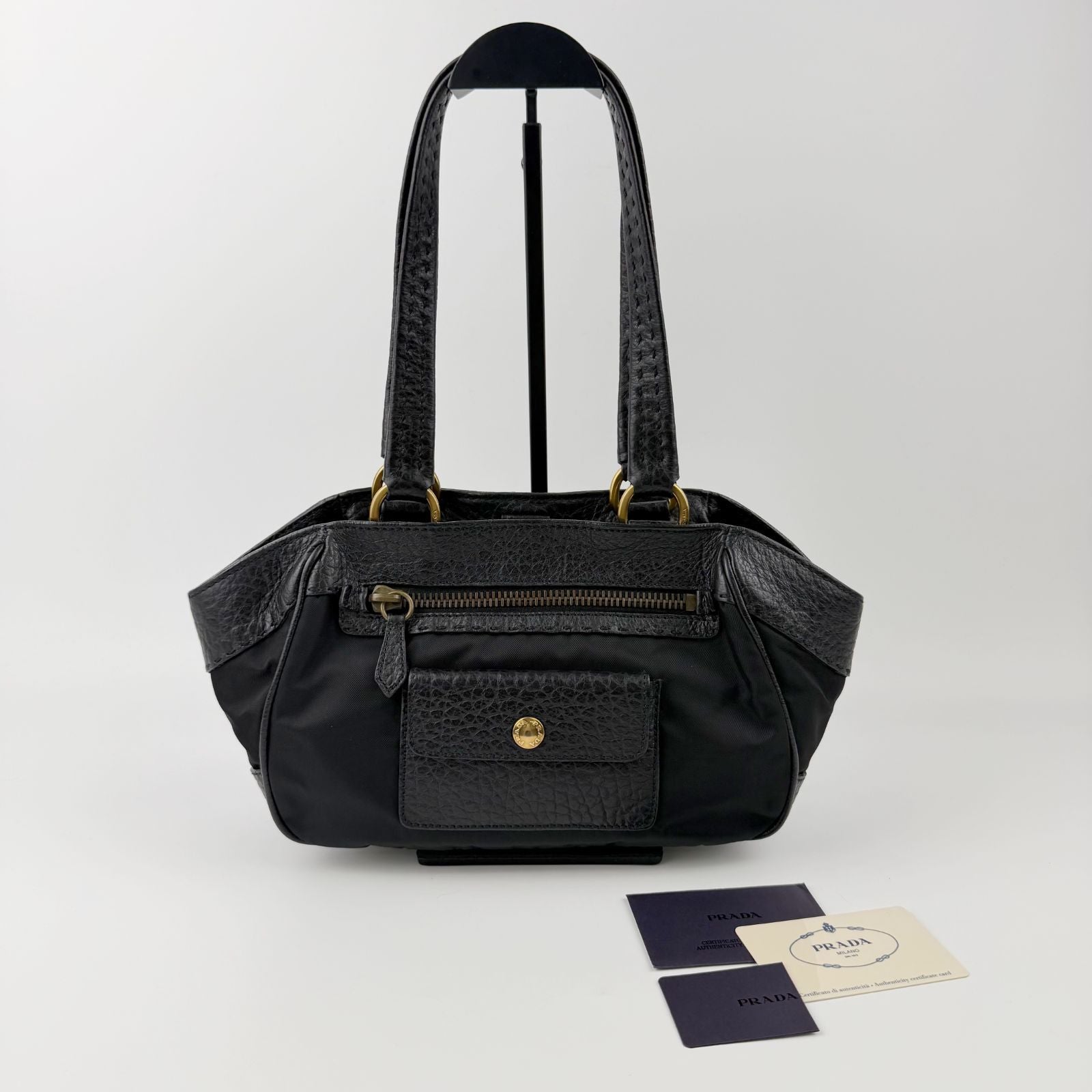 Prada Tessuto Mini Boston Handbag Nylon Leather Black Gold Vintage — view 2