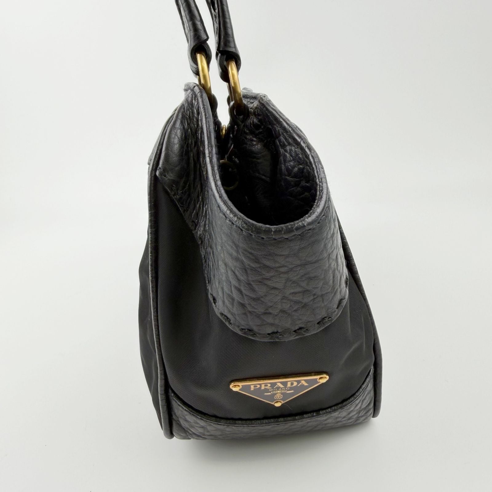Prada Tessuto Mini Boston Handbag Nylon Leather Black Gold Vintage — view 7