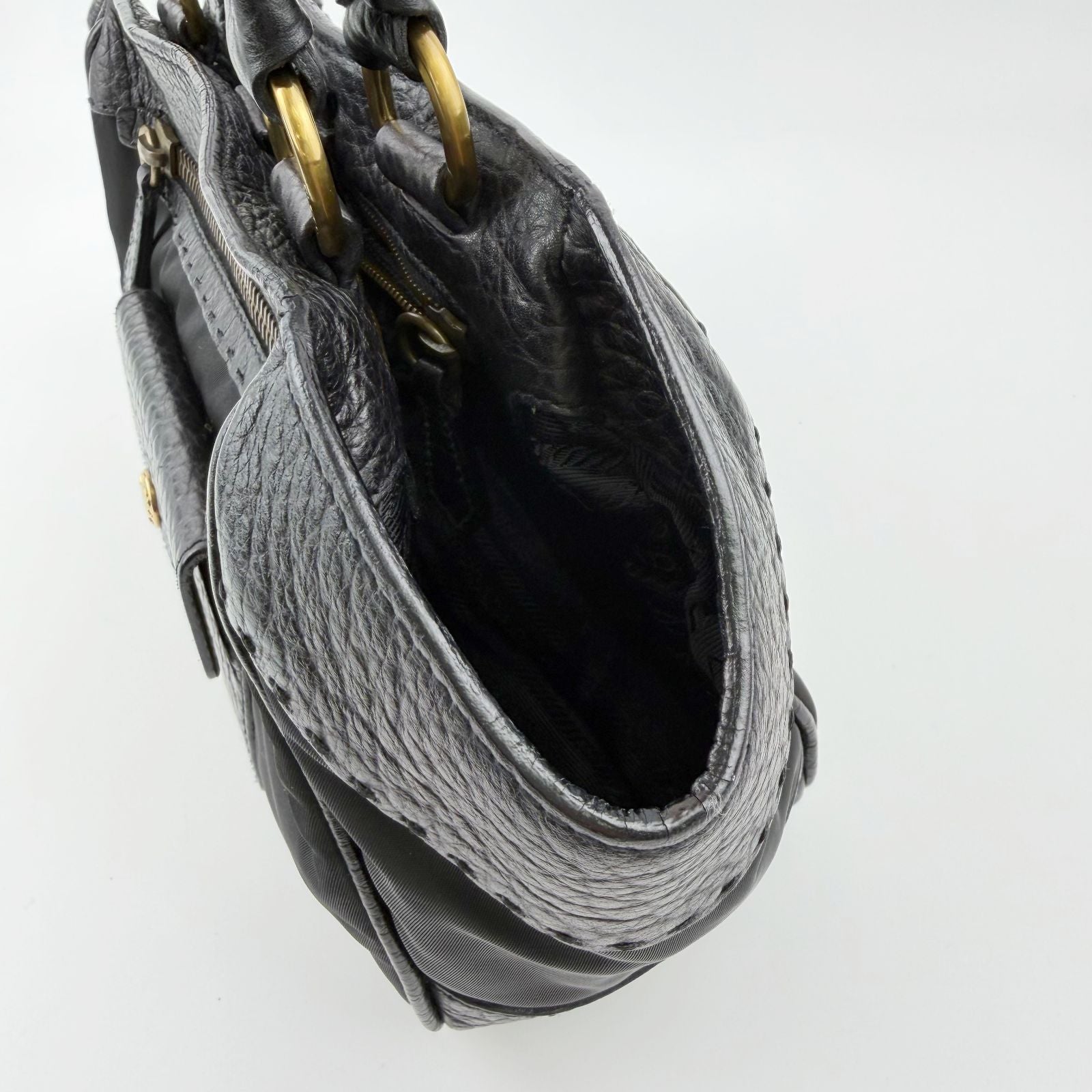 Prada Tessuto Mini Boston Handbag Nylon Leather Black Gold Vintage — view 6