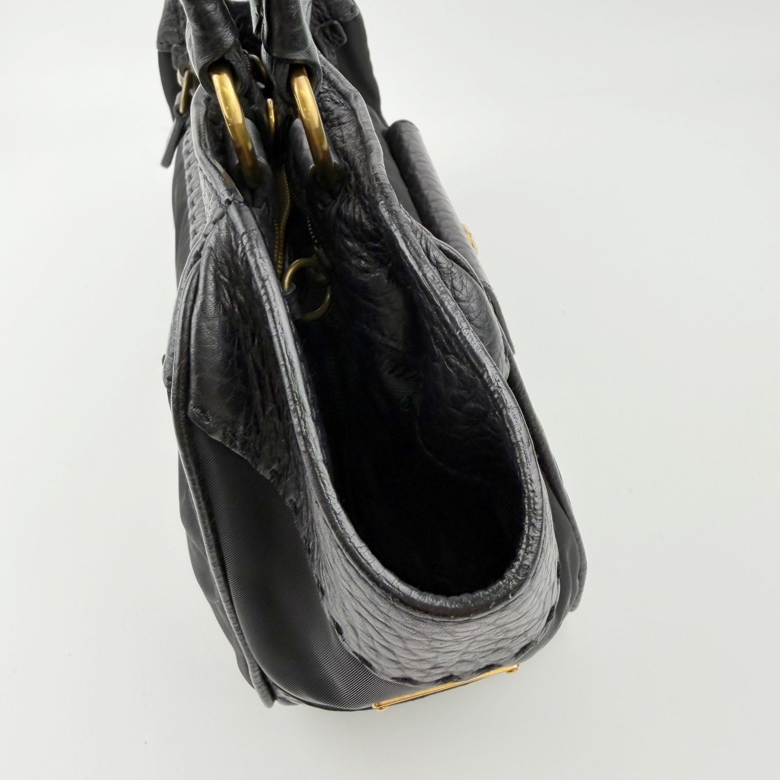 Prada Tessuto Mini Boston Handbag Nylon Leather Black Gold Vintage — view 8