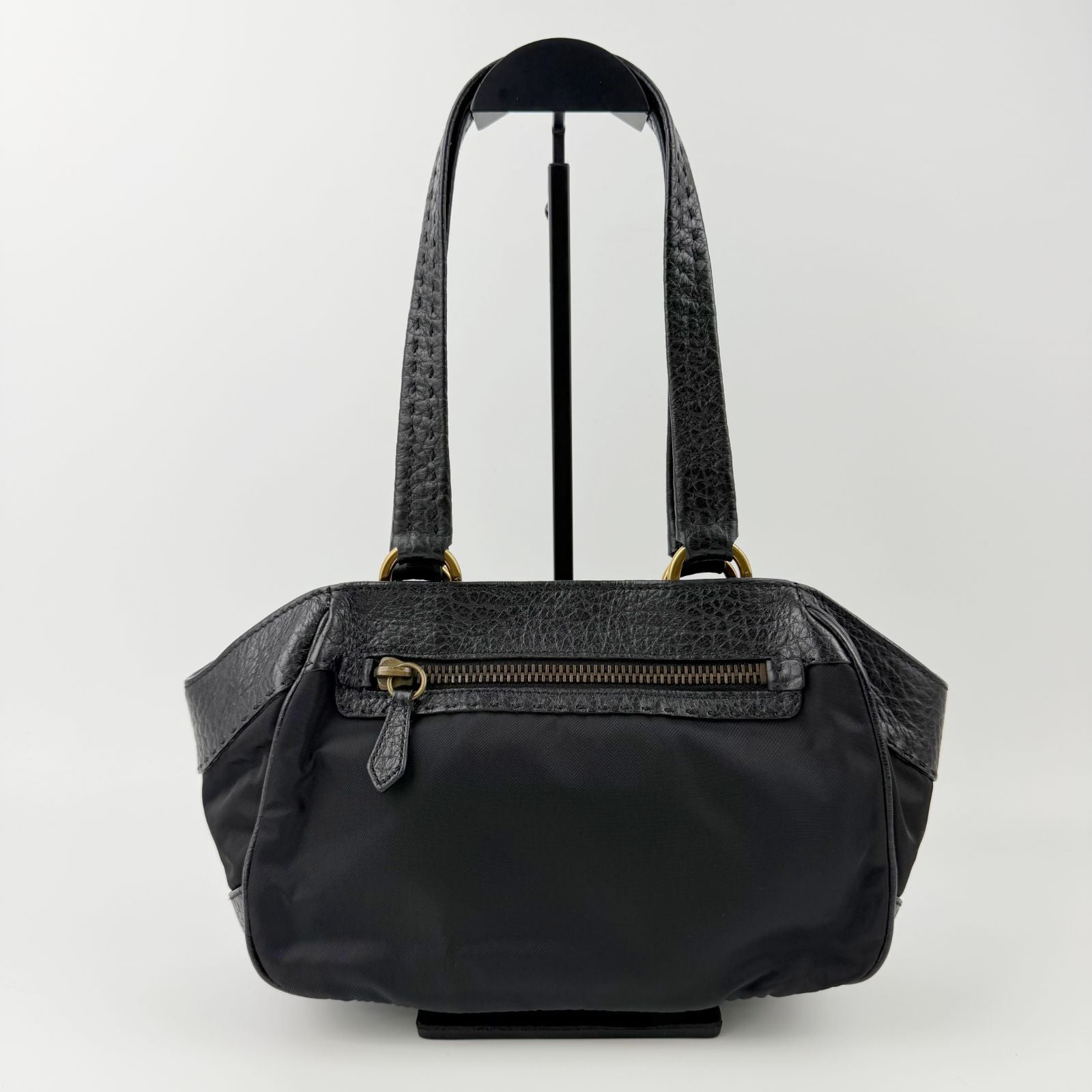Prada Tessuto Mini Boston Handbag Nylon Leather Black Gold Vintage — view 4